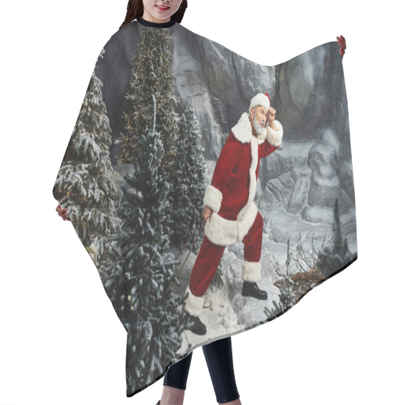 Personality  Santa Is Journeying Through A Snowy Landscape, Surrounded By Evergreen Trees And Rocky Formations. Hair Cutting Cape