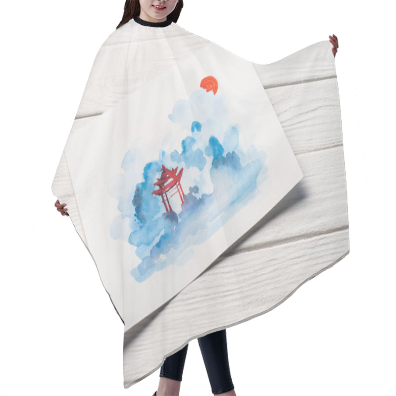 Personality  High Angle View Of Paper With Japanese Painting With Temple On Wooden Background Hair Cutting Cape