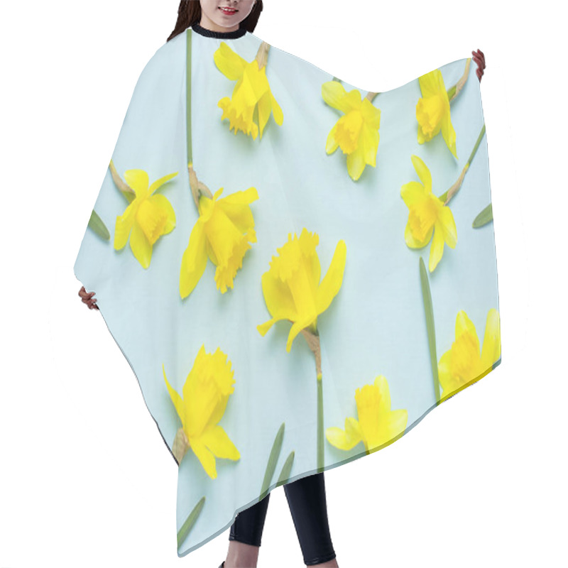 Personality  Spring Floral Background. Yellow Narcissus Or Daffodil Flowers On Blue Background Top View Flat Lay. Easter Concept, International Women's Day, March 8, Holiday. Card With Flowers. Place For Text Hair Cutting Cape