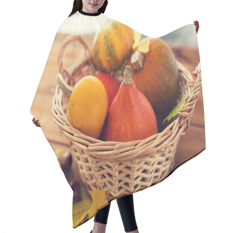 Personality  Close Up Of Pumpkins In Basket On Wooden Table Hair Cutting Cape