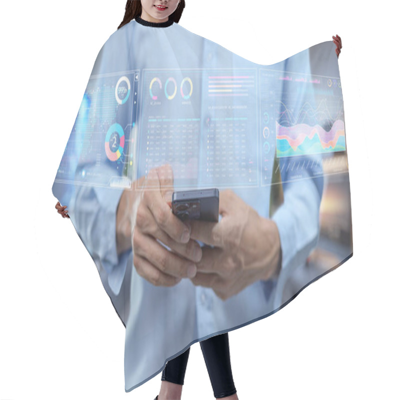 Personality  A Person Interacts With A Smartphone In A Modern Office While Augmented Reality Data Visualizations Display Various Metrics And Insights, Illustrating The Blend Of Technology And Business Analytics. Hair Cutting Cape