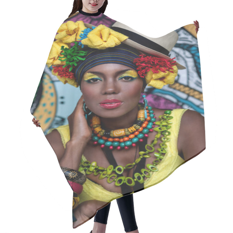 Personality  Portrait Of An African Girl On The Background Of The Painting Hair Cutting Cape