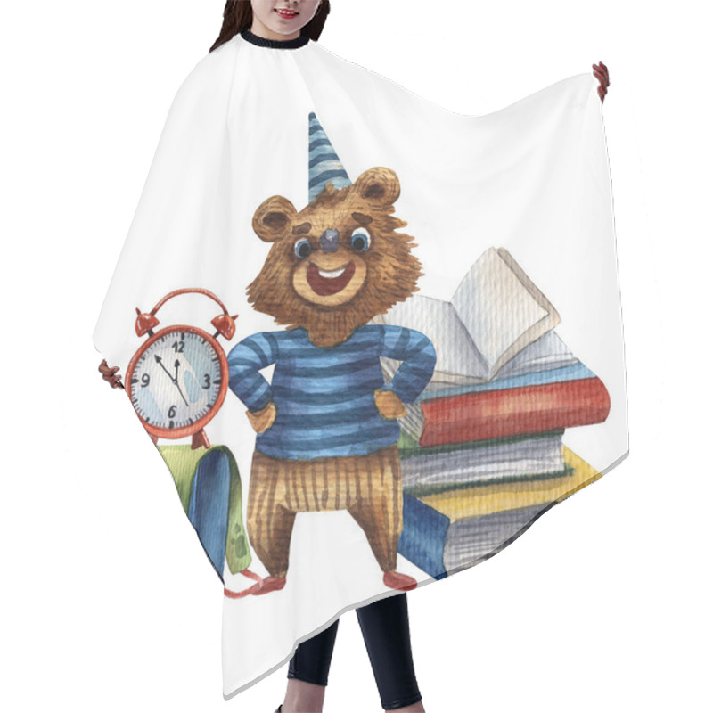 Personality  Watercolor Illustration Of Cute Bear. Pupil Character. Elementary School Illustration. Cartoon Style. School Stuff. Drawing Book Illustration. Little Clever Boy With Satchel. Big Knapsack. Hair Cutting Cape