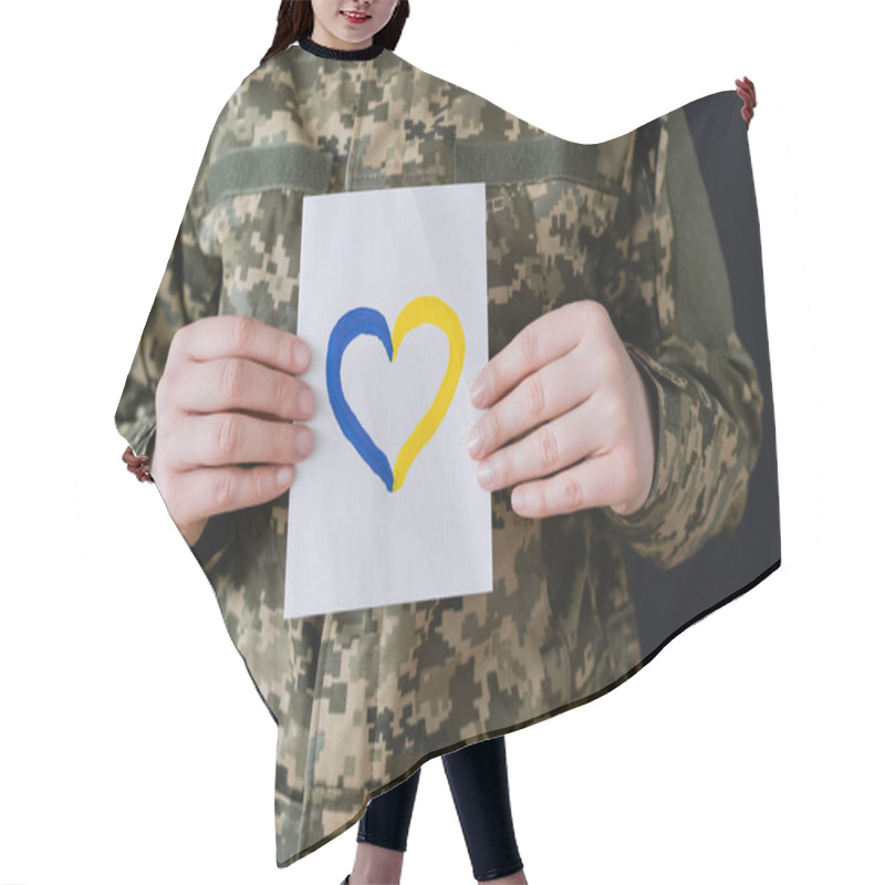 Personality  Partial View Of Woman In Military Uniform Holding White Card With Blue And Yellow Heart Isolated On Black Hair Cutting Cape