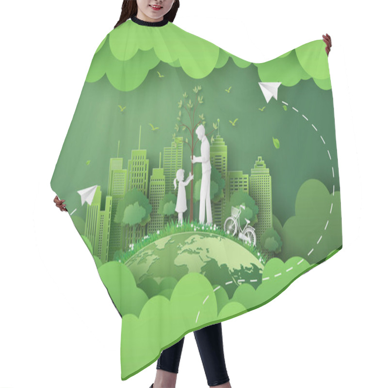 Personality  Green City With Mom And Girl ,paper Cut And Digital Craft Style. Hair Cutting Cape