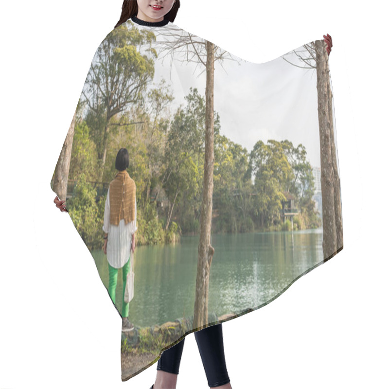 Personality  Traveling Asian Woman Stand Near The Lake Hair Cutting Cape