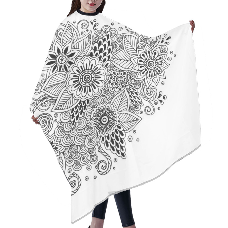 Personality  Floral Retro Doodle Black And White Pattern  In Vector. Hair Cutting Cape