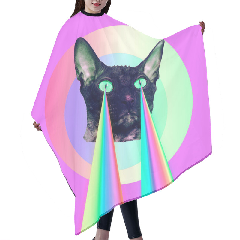 Personality  Fashion Cat With Rainbow Lasers From Eyes. Minimal Collage Funny Art Hair Cutting Cape