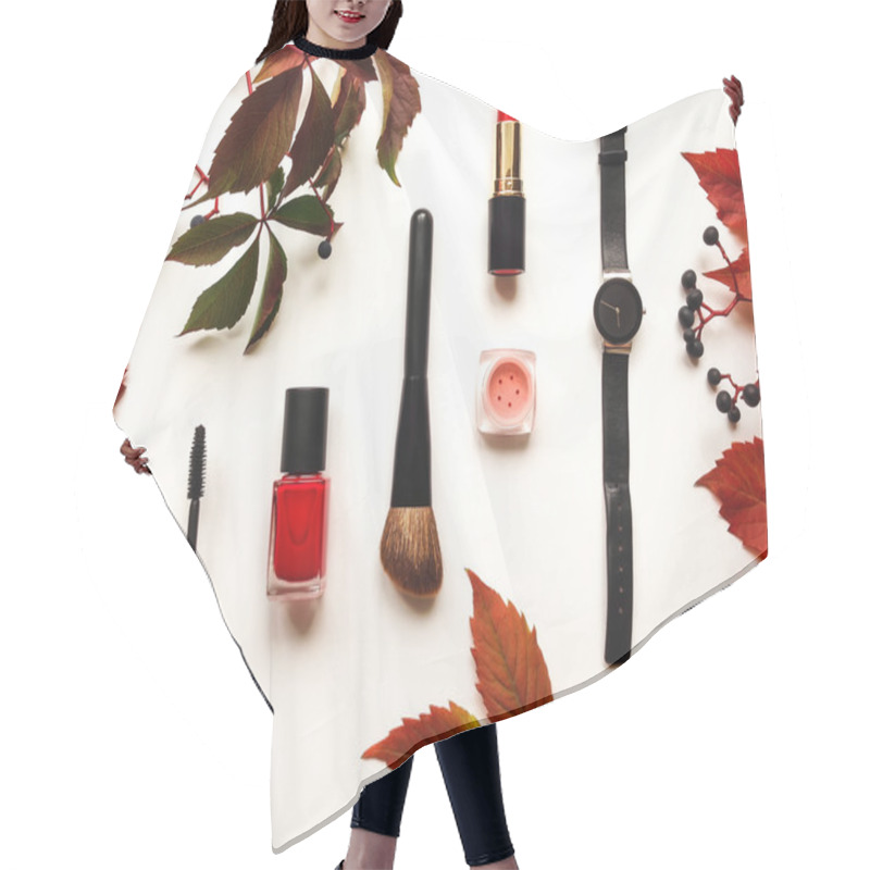 Personality  Decorative Flat Lay Composition With Cosmetics, Woman Accessories And Autumn Leaves And Berries. Flat Lay, Top View Hair Cutting Cape