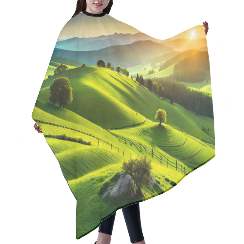 Personality  Beautiful Landscape With Green Hills And Mountains Hair Cutting Cape