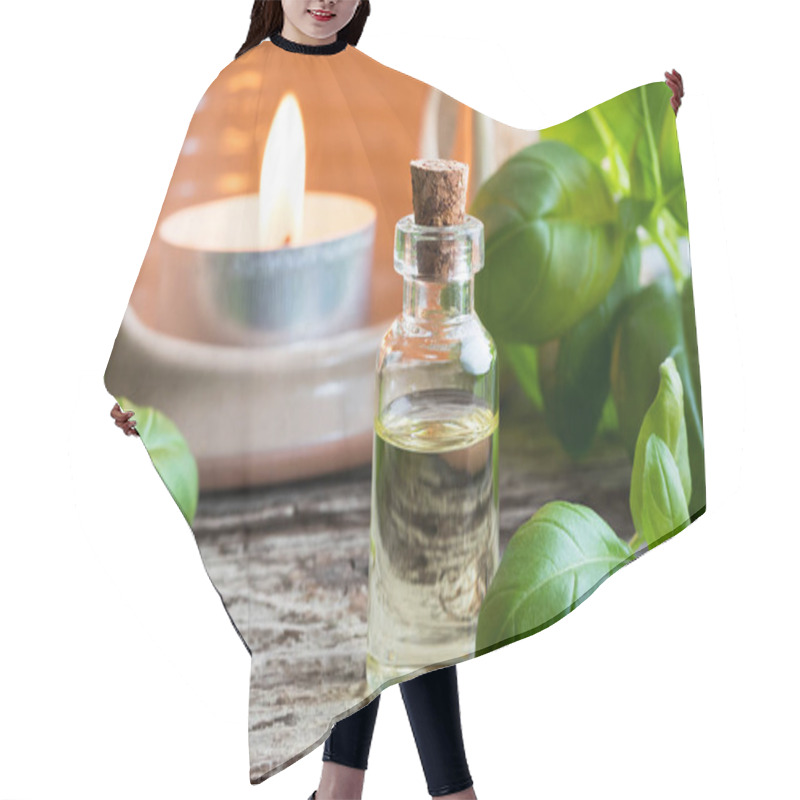 Personality  A Bottle Of Basil Essential Oil With Fresh Basil Leaves Hair Cutting Cape