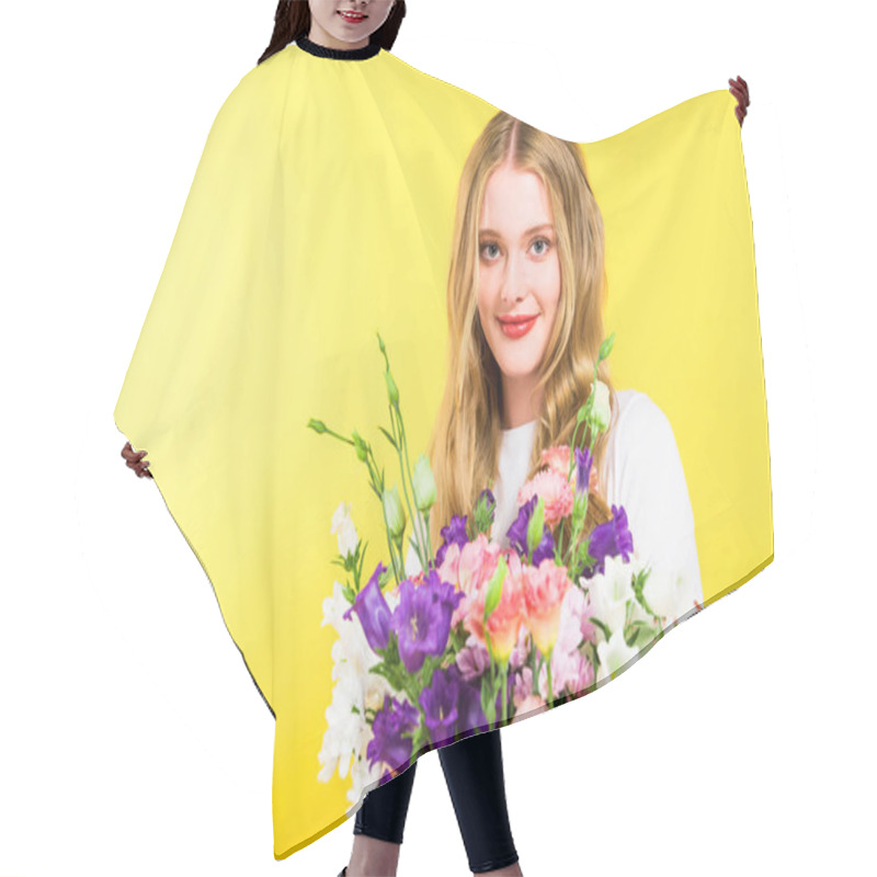 Personality  Beautiful Blonde Girl With Flowers Looking At Camera On Yellow Hair Cutting Cape