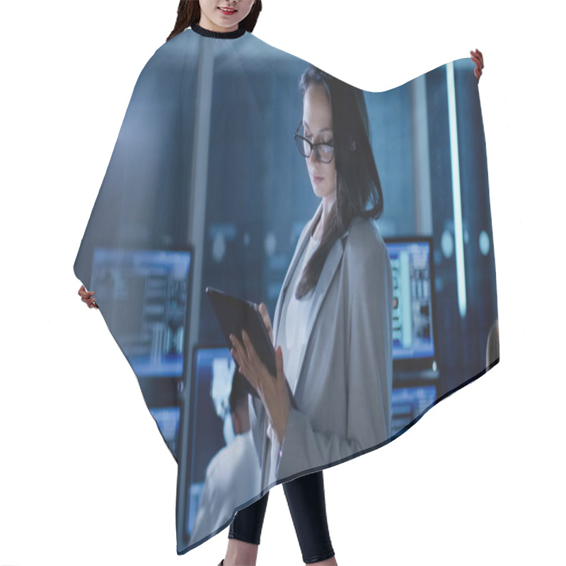 Personality  Young Female Engineer Uses Tablet In System Control Center. In T Hair Cutting Cape