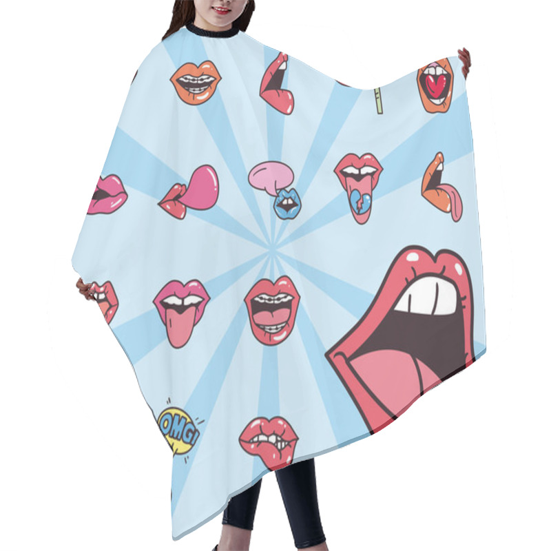 Personality  Pop Art Female Mouth Line And Fill Style Symbols Set Vector Design Hair Cutting Cape