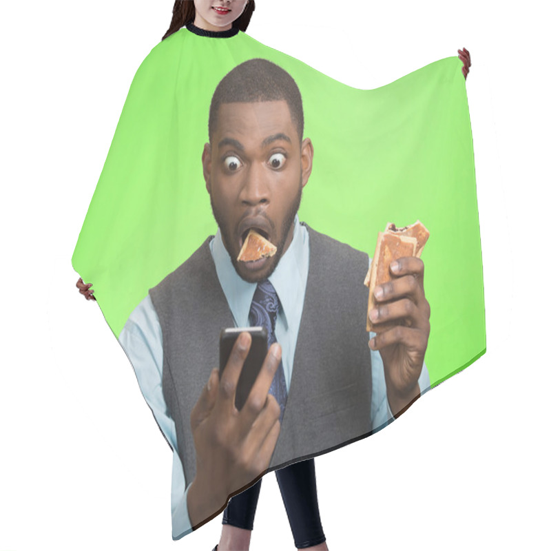 Personality  Man Eating Texting On Smartphone Hair Cutting Cape