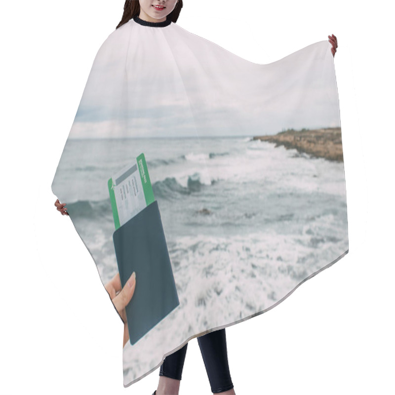 Personality  Cropped View Of Woman Holding Passport With Flight Ticket Near Mediterranean Sea  Hair Cutting Cape