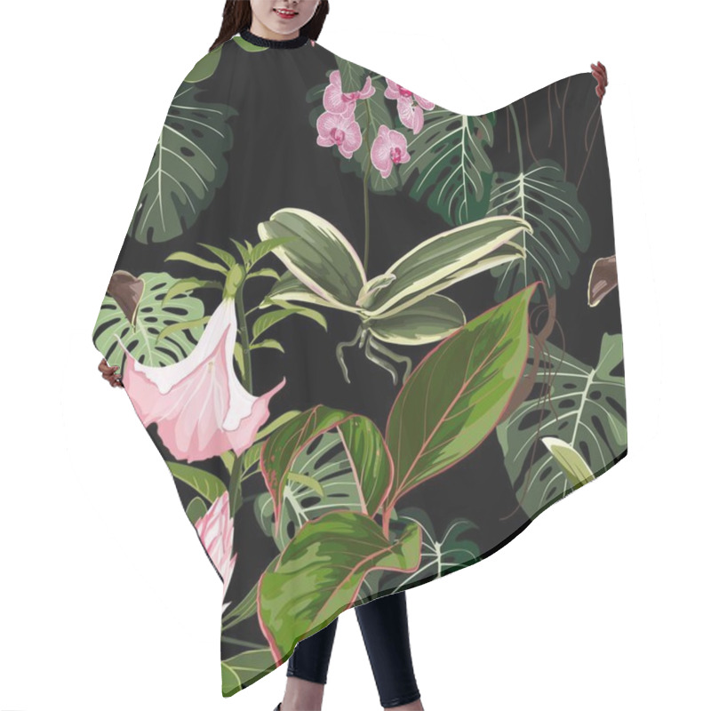 Personality  Exotic Flowers Pattern. Many Kind Of Exotic Tropical Flowers And Leaves In Summer Print. Hawaiian T-shirt And Swimwear Tile.  Hypernatural Botanic Design. Hair Cutting Cape