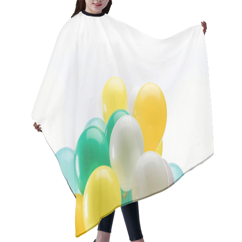 Personality  Bright Green, Yellow And Blue Decorative Balloons On White Background Hair Cutting Cape