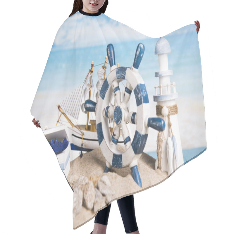 Personality  Holiday By The Sea, Lighthouse, Seagull, Lifebuoy, Sand, Shells Hair Cutting Cape