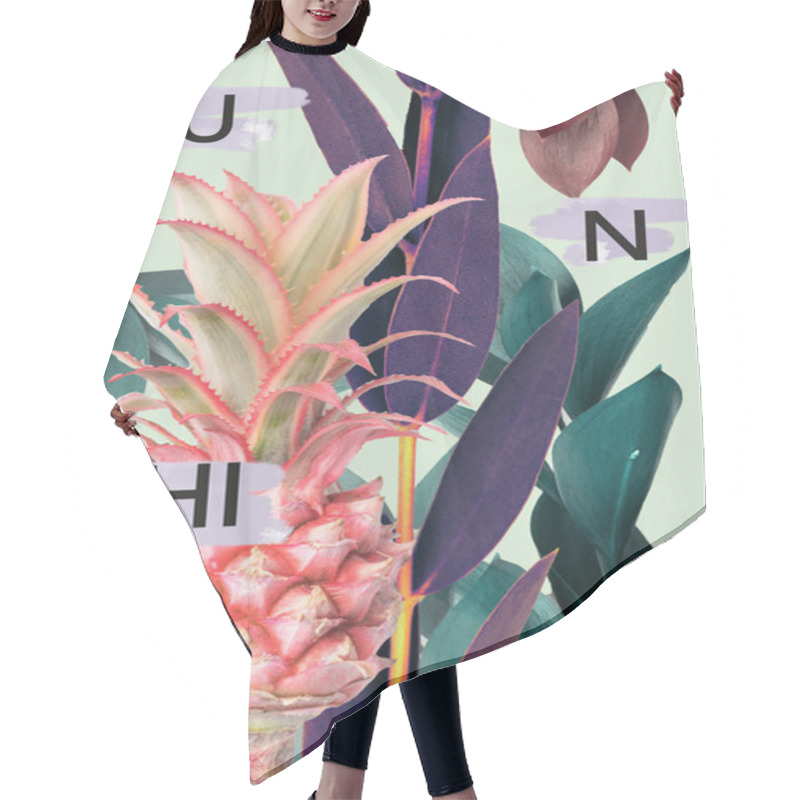 Personality  Creative Collage With Pineapple, Leaves And SUNSHINE Sign Hair Cutting Cape