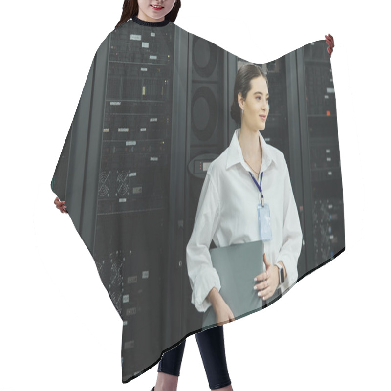 Personality  A Confident Woman In A White Shirt Manages IT Tasks In A High-tech Server Room. Hair Cutting Cape