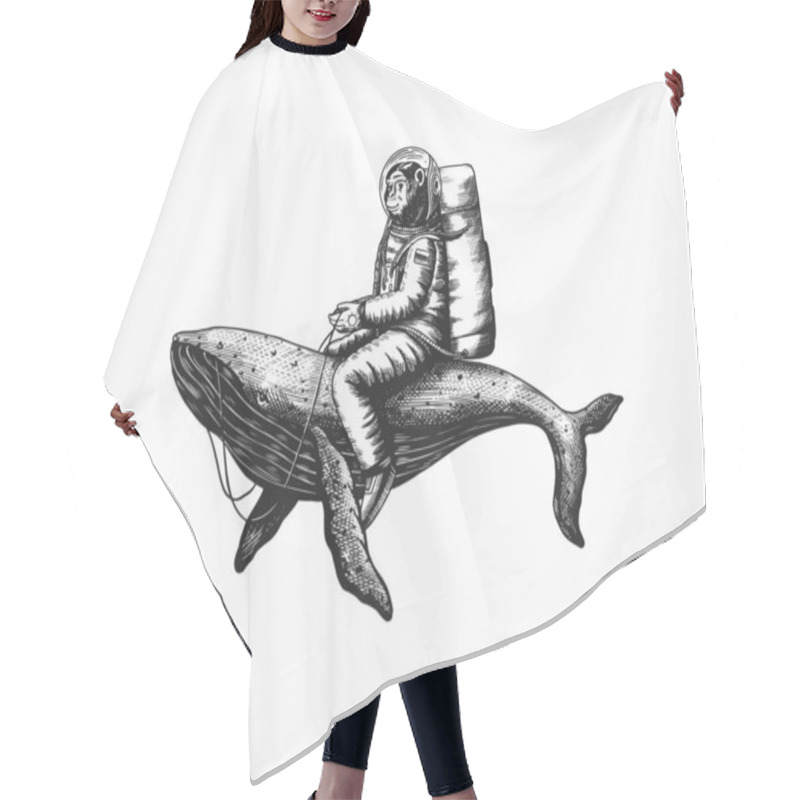 Personality  Monkey Astronaut With Blue Whale. Funny Chimpanzee Spaceman Cosmonaut Character. Astronomical Galaxy Space. Hand Drawn Engraved Old Monochrome Sketch. Vector Illustration For T-shirt, Tattoo  Hair Cutting Cape