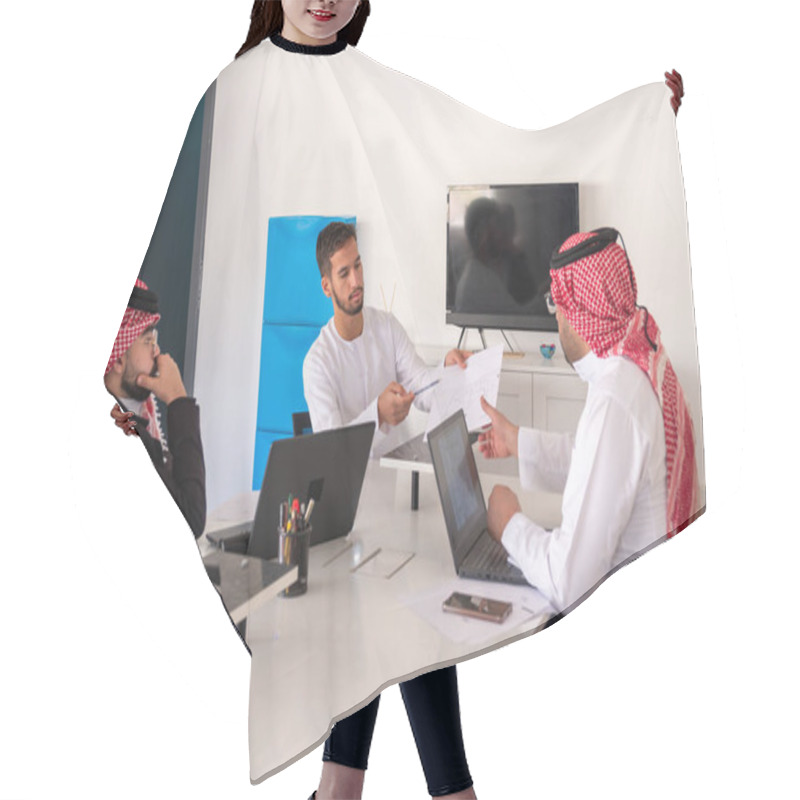 Personality  Arab Males In Meeting During Work With Copy Space Hair Cutting Cape