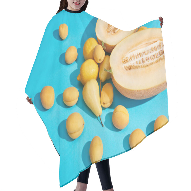 Personality  High Angle View Of Delicious Ripe Pears, Apricots, Melon And Lemons On Blue  Hair Cutting Cape