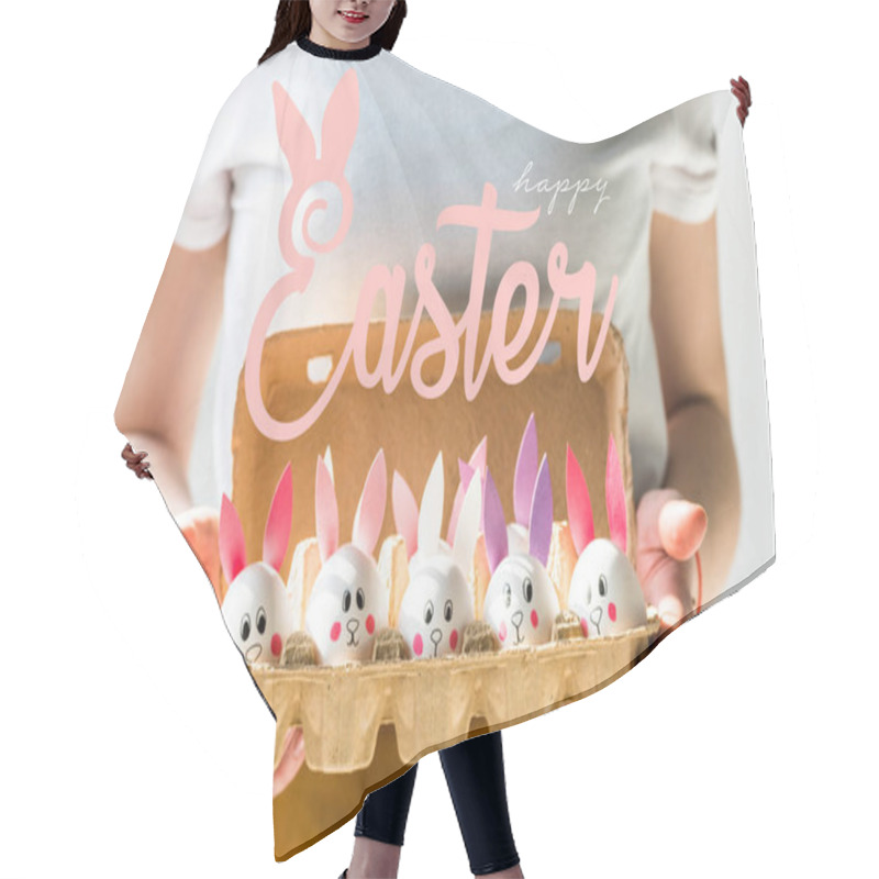 Personality  Cropped View Of Woman Holding Egg Tray With Chicken Eggs With Drawn Rabbit Faces And Paper Ears And Happy Easter Lettering Hair Cutting Cape