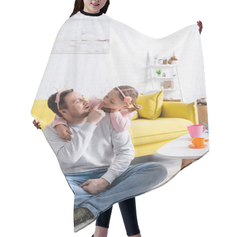 Personality  Father Touching Nose Of Cheerful Daughter While Playing Prince And Princess At Home Hair Cutting Cape