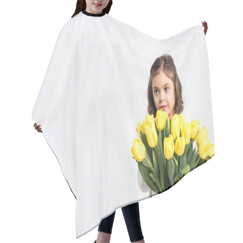 Personality  Adorable Kid Holding Tulips Bouquet And Looking Away Isolated On White Hair Cutting Cape