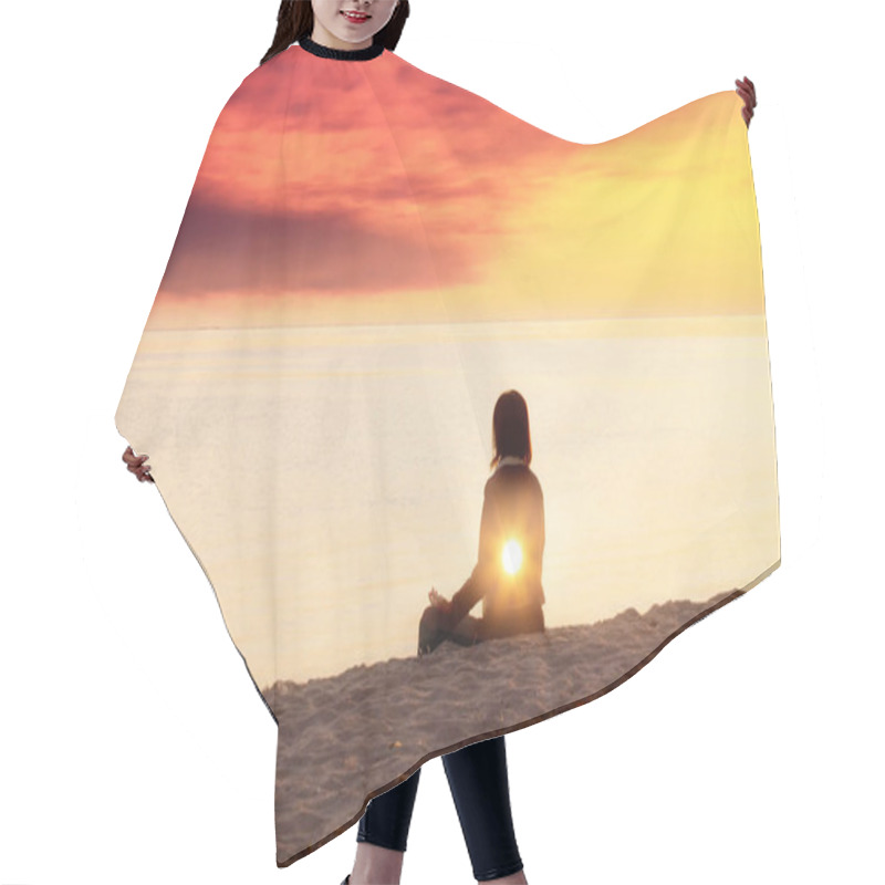 Personality  Young Woman Is Doing Yoga On The Beach, Inner Light Concept, Spiritual Background, Double Exposure Hair Cutting Cape