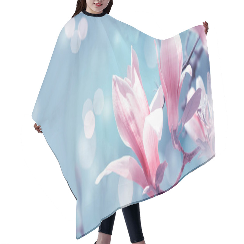 Personality  Mysterious Spring Background With Blooming Pink Magnolia Flowers And Glowing Bokeh. Magnificent Floral Banner. Hair Cutting Cape