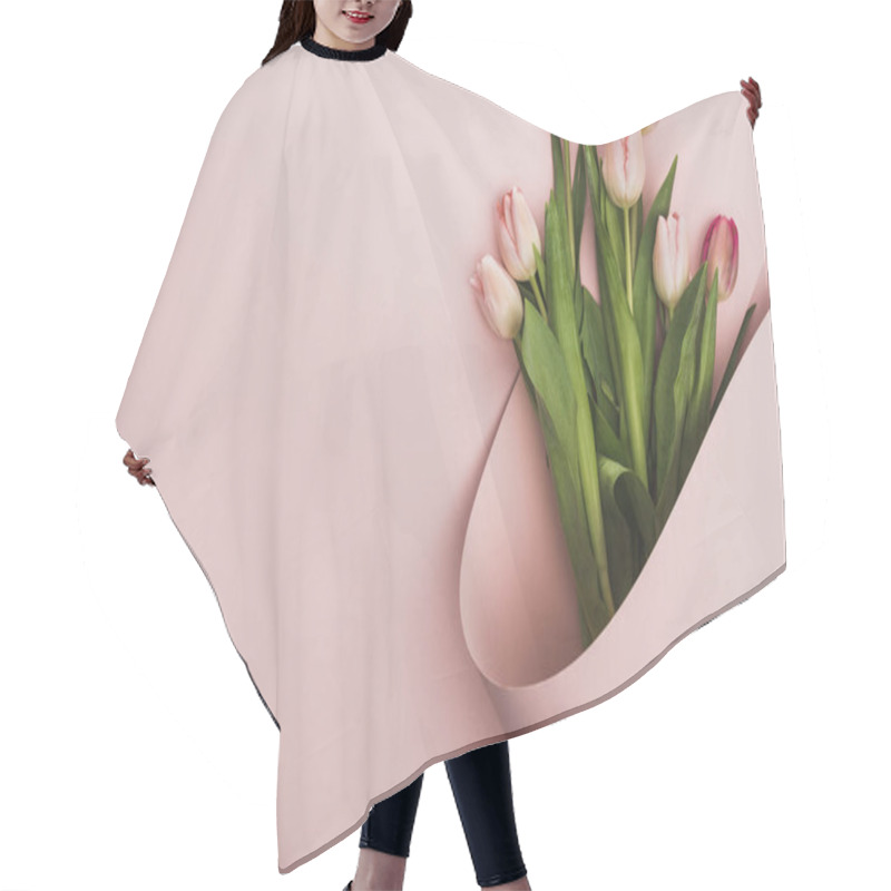 Personality  Top View Of Pink And Purple Tulips Wrapped In Paper Swirl On Pink Background Hair Cutting Cape