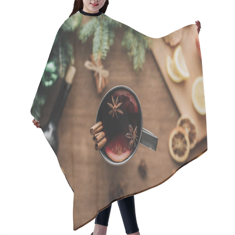 Personality  Top View Of Cup Of Homemade Mulled Wine With Cinnamon Sticks On Wooden Tabletop, Christmas Concept Hair Cutting Cape