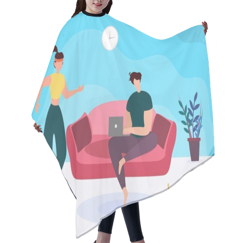 Personality  Man With Laptop On Sofa And Active Sporty Woman Hair Cutting Cape