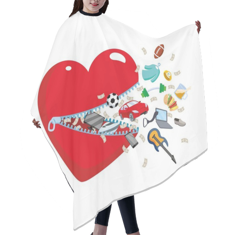 Personality  Open Heart With A Zipper From Which Fly The Symbols Of A Man's Wish, Hobbies. Gifts, Luxury Presents, Men Concept For Valentine's Day, Christmas, Greeting Cards, Sales And Shopping. Yacht, Car, Bills In A Flat Style. Isolated Vector Hair Cutting Cape