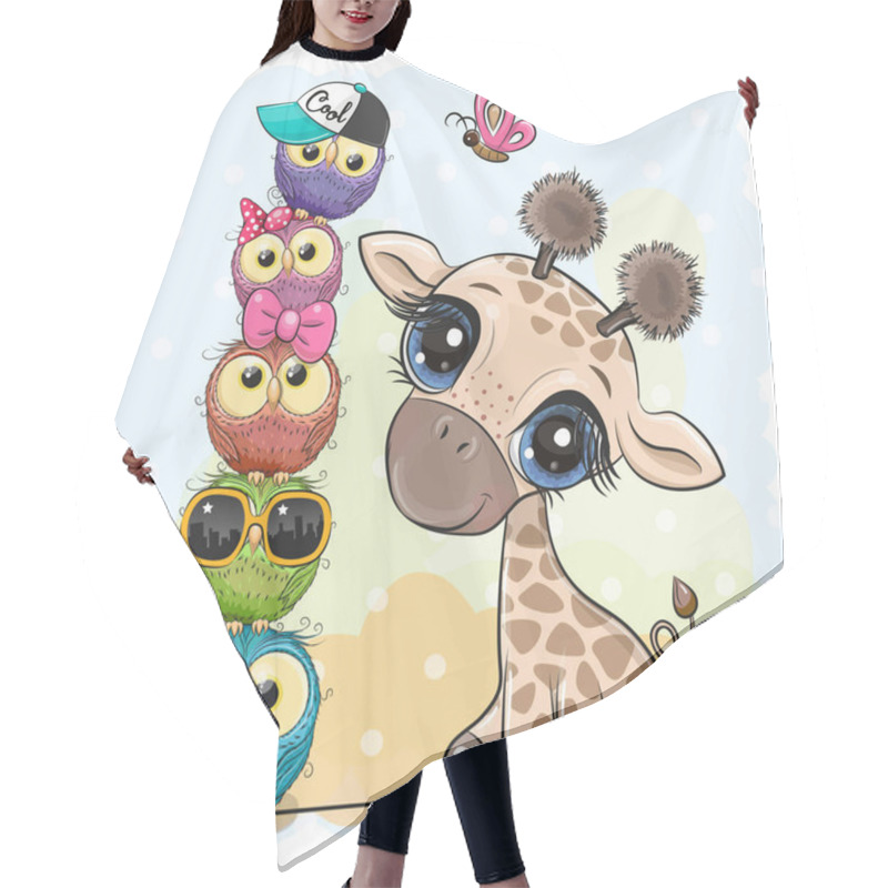 Personality  Cute Cartoon Giraffe And Owls On A Blue Background Hair Cutting Cape