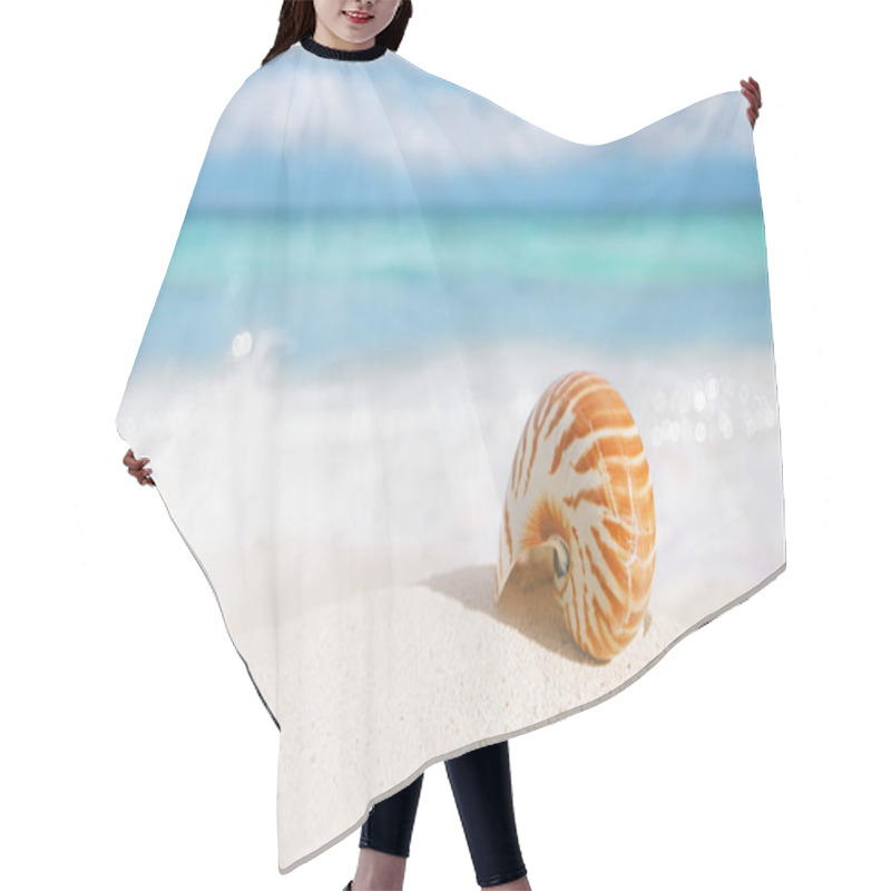 Personality  Sea Shell On Golden Sand Beach On Blue Sky Background Hair Cutting Cape