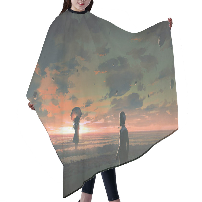 Personality  A Boy Looking At The Mysterious Woman With Umbrella Standing In The Sea Against Sunset Sky, Digital Art Style, Illustration Painting Hair Cutting Cape