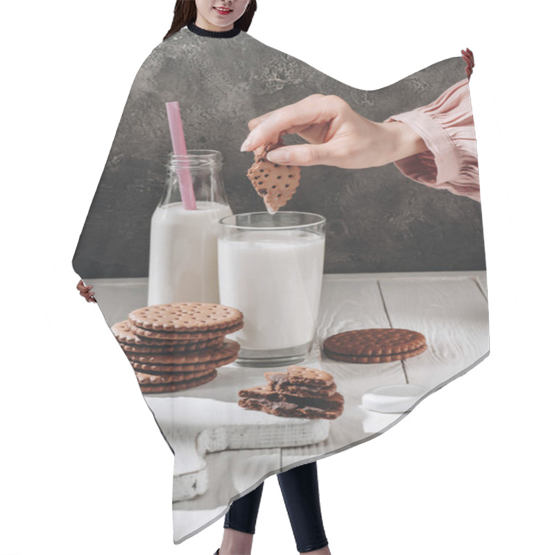 Personality  Cropped Shot Of Woman Dipping Chocolate Cookie Into Glass Of Milk Hair Cutting Cape