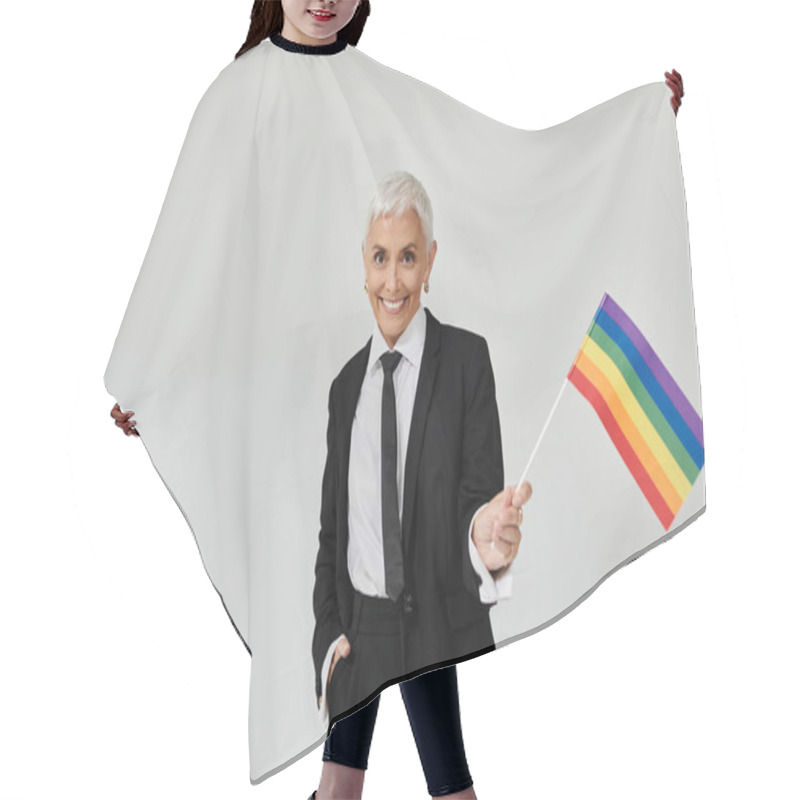 Personality  A Stylish Woman Joyfully Waves A Rainbow Flag, Expressing Her Pride. Hair Cutting Cape