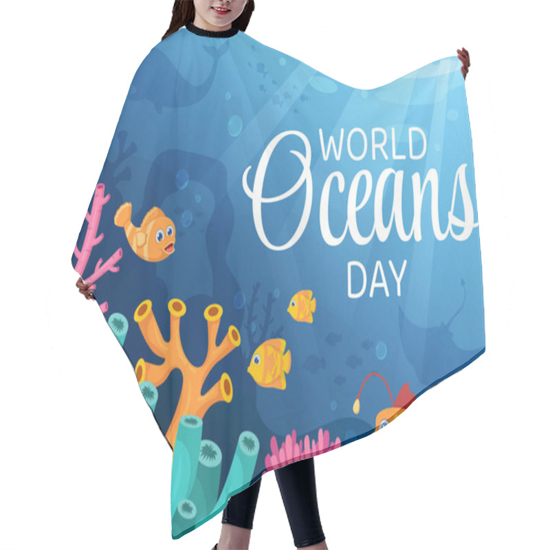 Personality  World Ocean Day Cartoon Illustration With Underwater Scenery, Various Fish Animals, Corals And Marine Plants Dedicated To Helping Protect Or Preserve Hair Cutting Cape