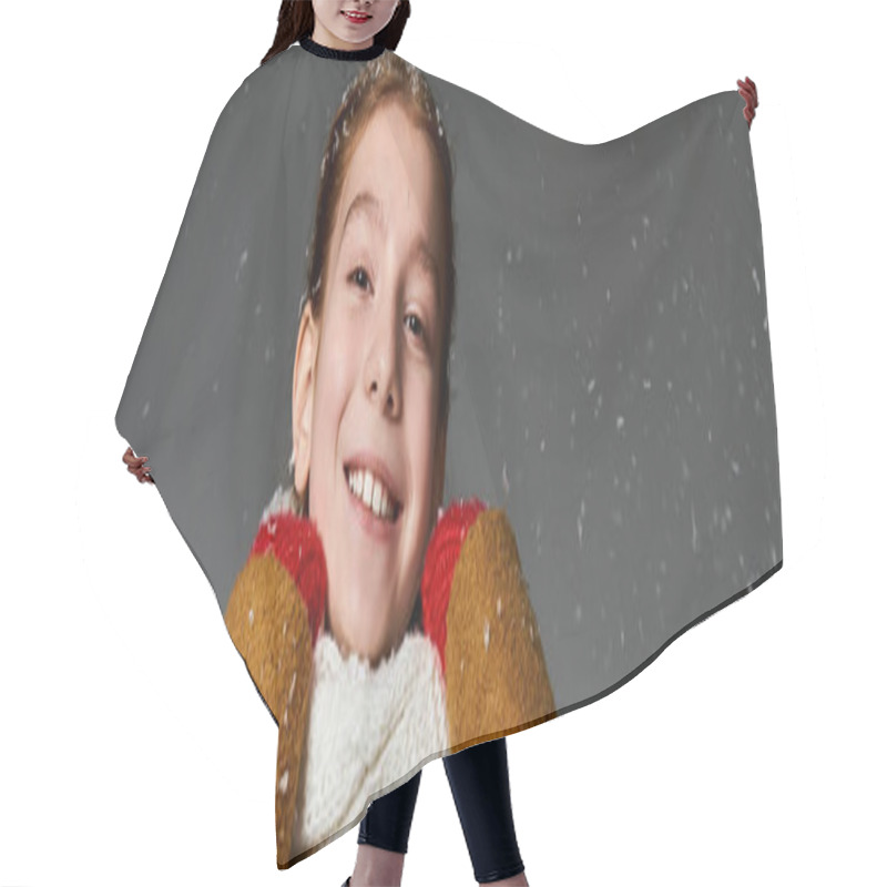 Personality  A Young Girl Beams In Cozy Layers As She Celebrates Winter Amid The Snowfall. Hair Cutting Cape