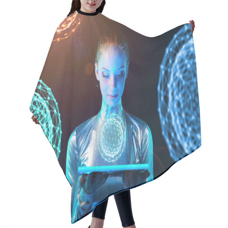 Personality  Cyber Woman Holding Lighting Panel With Glowing Polygonal Abstract Sphere Hair Cutting Cape