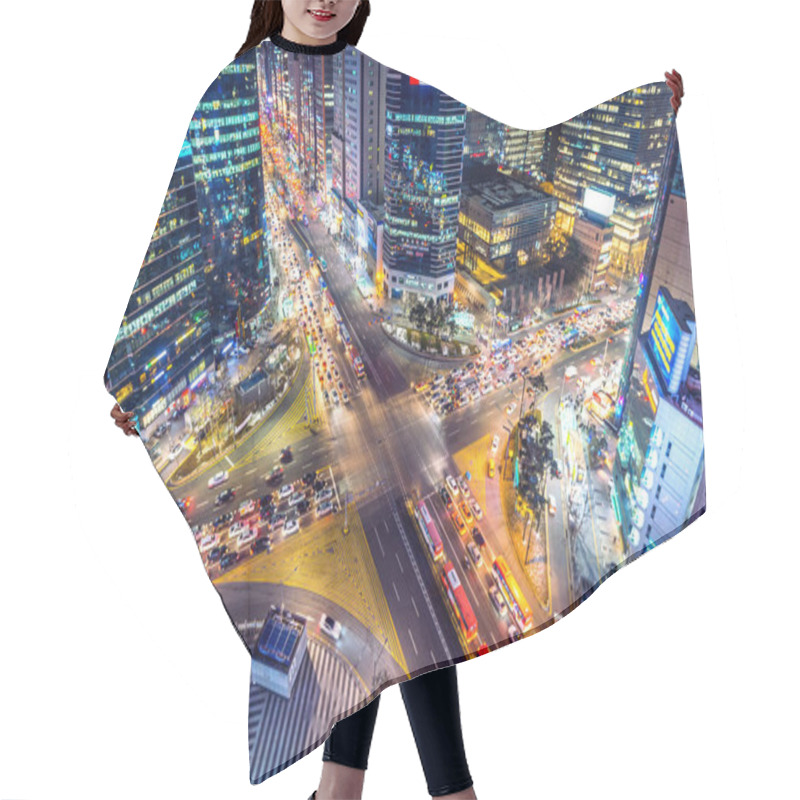 Personality  Traffic Speeds Through An Intersection At Night In Gangnam, Seoul In South Korea. Hair Cutting Cape