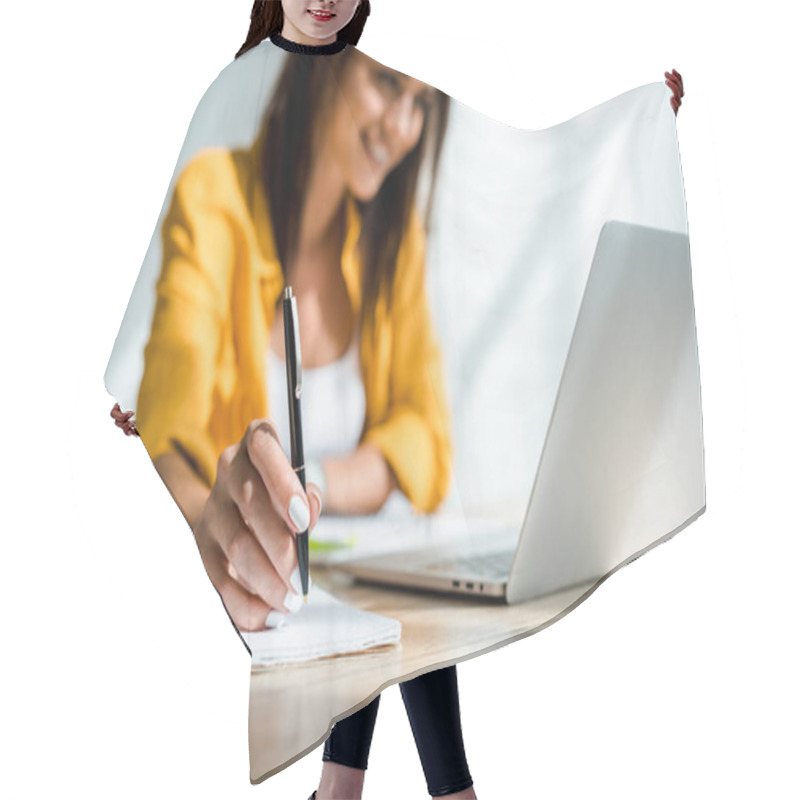 Personality  Selective Focus Of Freelancer Writing And Working With Laptop In Home Office Hair Cutting Cape