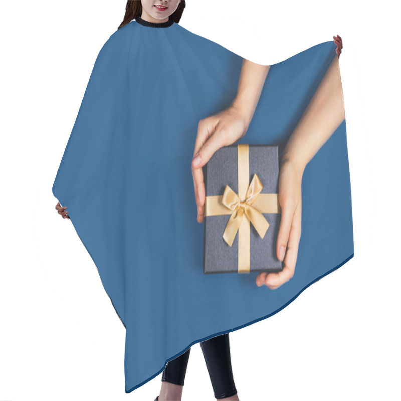 Personality  Hands With A Gift Box. Hair Cutting Cape