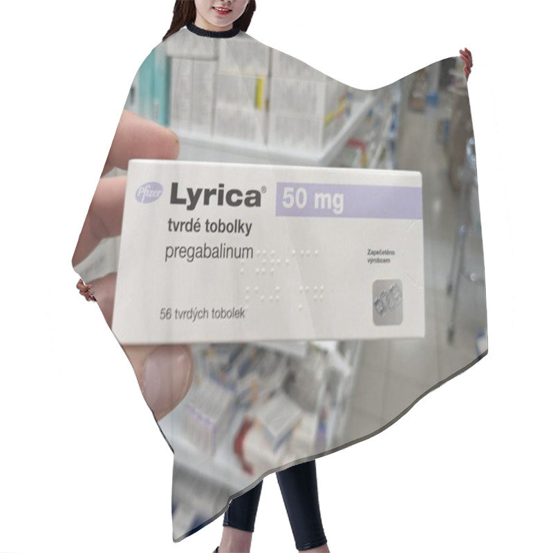 Personality  Prague, Czech Republic - August 28 2024: LYRICA Box With PREGABALIN Active Substance By PFIZER, Used For Nerve Pain, Epilepsy, And Anxiety Disorders. Hair Cutting Cape