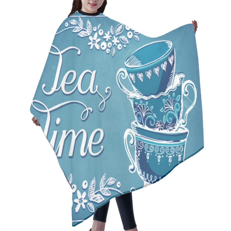 Personality  Invitation To The Tea Party. Retro Illustration Tea Time With Cute Cups Hair Cutting Cape